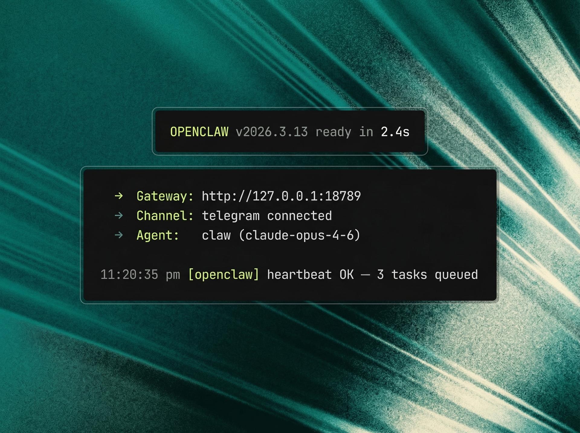 OpenClaw terminal showing gateway, channel, and agent status